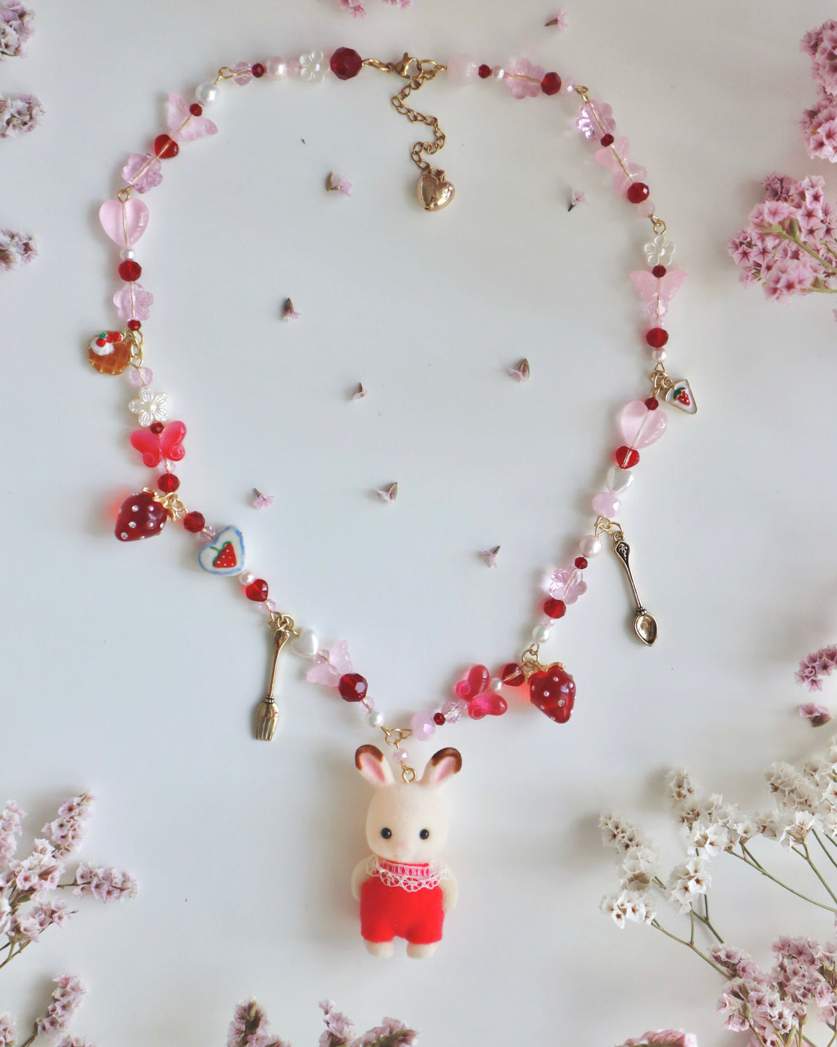Strawberry Choko Bunny  Woodland Doll Necklace (One of a Kind)