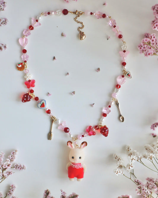 Strawberry Choko Bunny  Woodland Doll Necklace (One of a Kind)