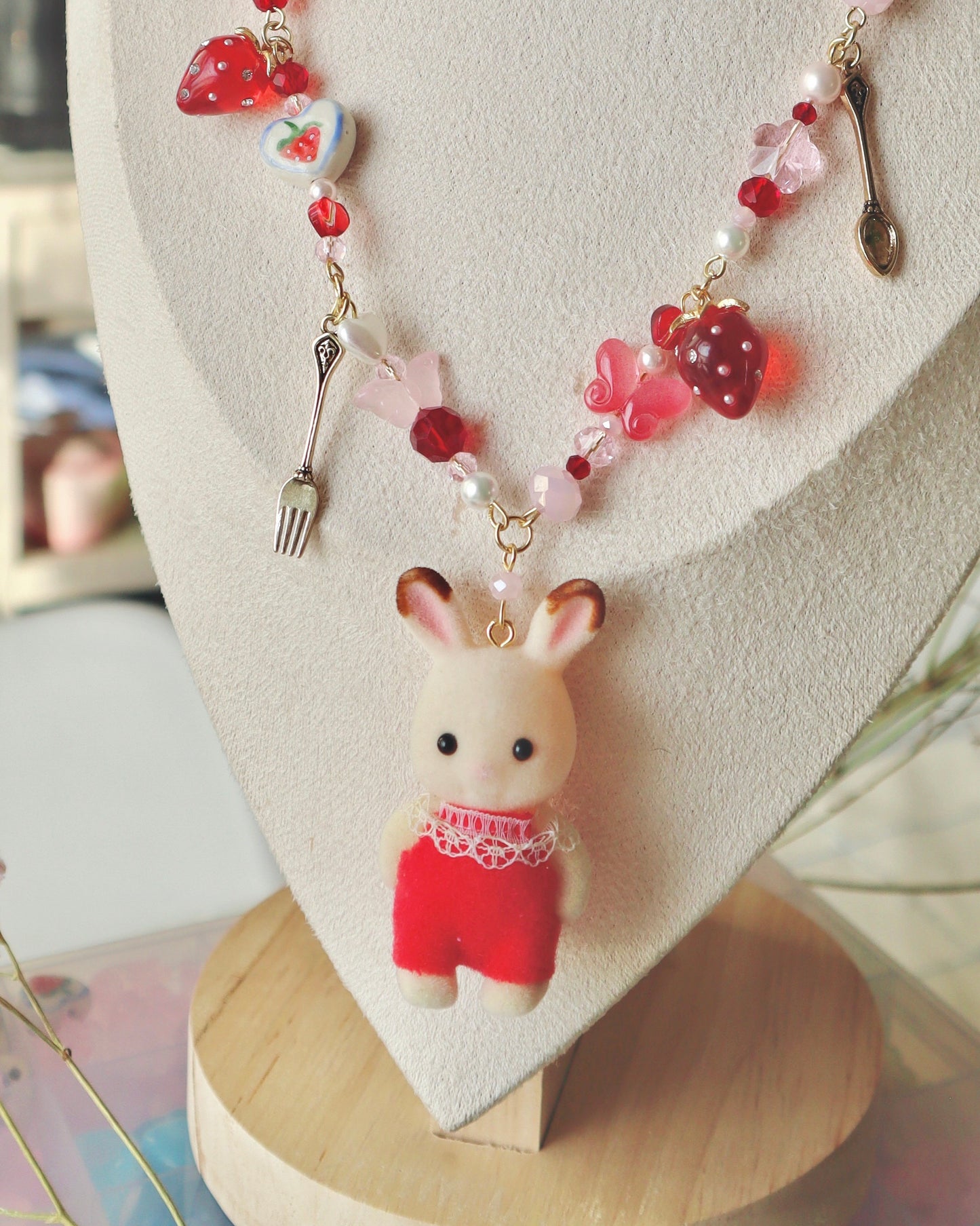 Strawberry Choko Bunny  Woodland Doll Necklace (One of a Kind)