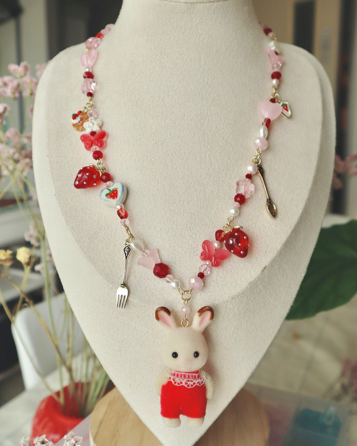 Strawberry Choko Bunny  Woodland Doll Necklace (One of a Kind)